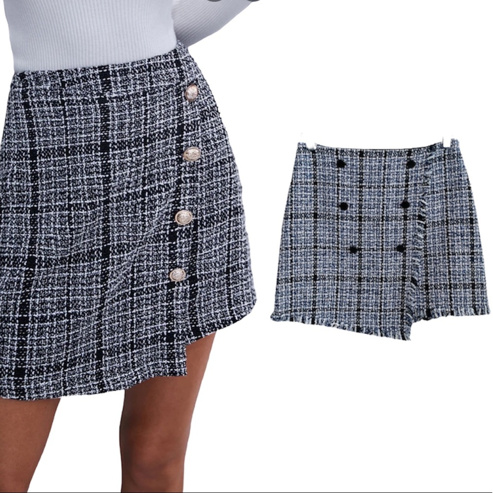 Glamorous Blue White & Black Tweed Plaid Wrap Style Skirt by Lush Size Small
